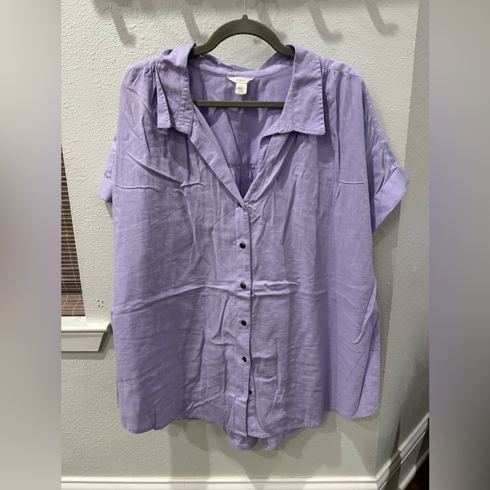 Caslon linen button down split neck blouse